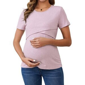 Ribbed Knit Short Sleeve Crossover Maternity Breastfeeding Top Pink Gray
